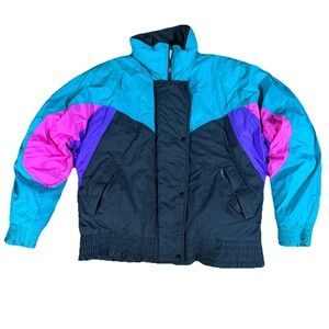 Vintage 80s S.K.I. Womens Large Colorblock Ski Jacket Neon Puffer Coat